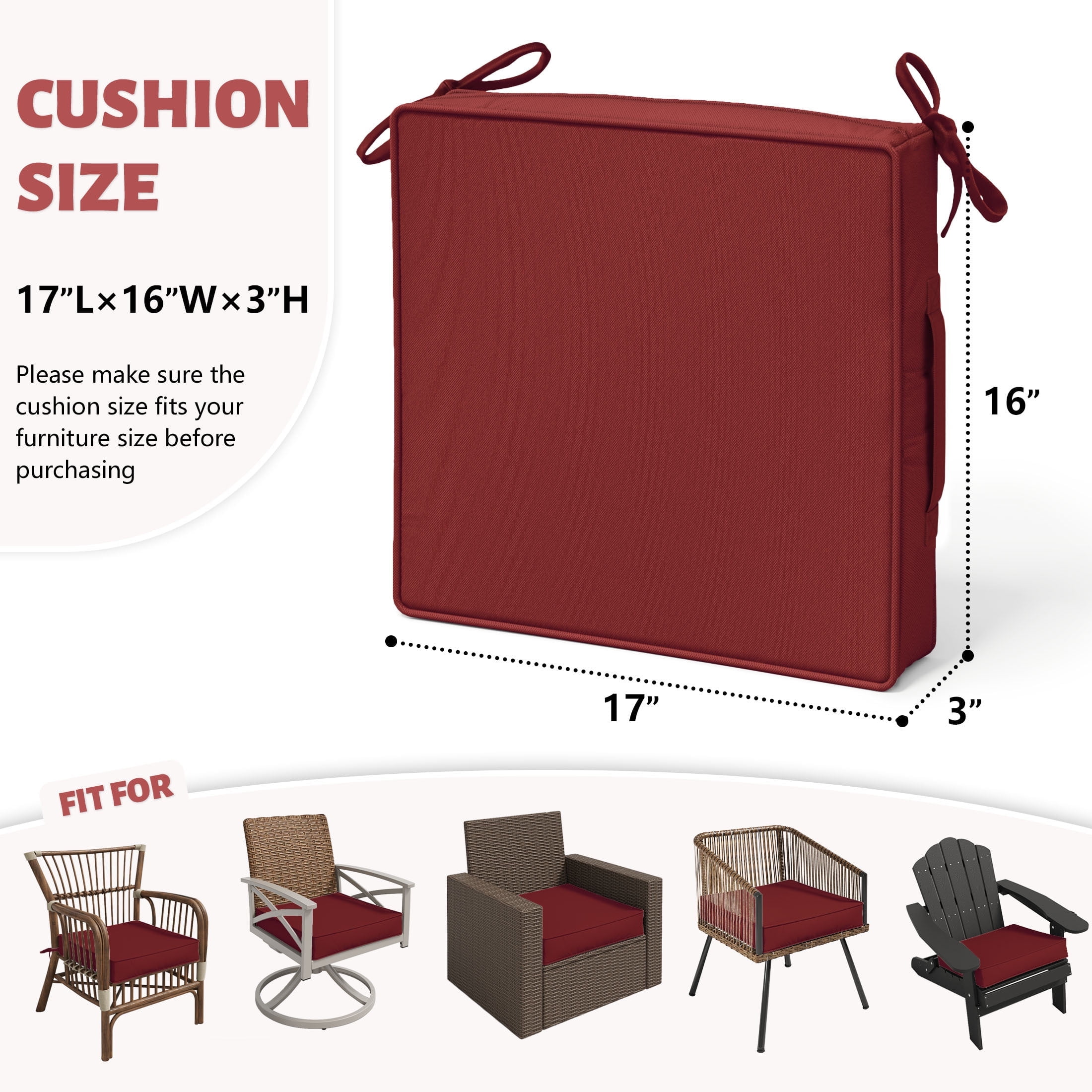 Kimunuk 4 Pack Outdoor Chair Cushions, 17" x 16" Waterproof Outdoor Seat Cushions Couch Pads with Ties & Handle for Patio Furniture, Burgundy