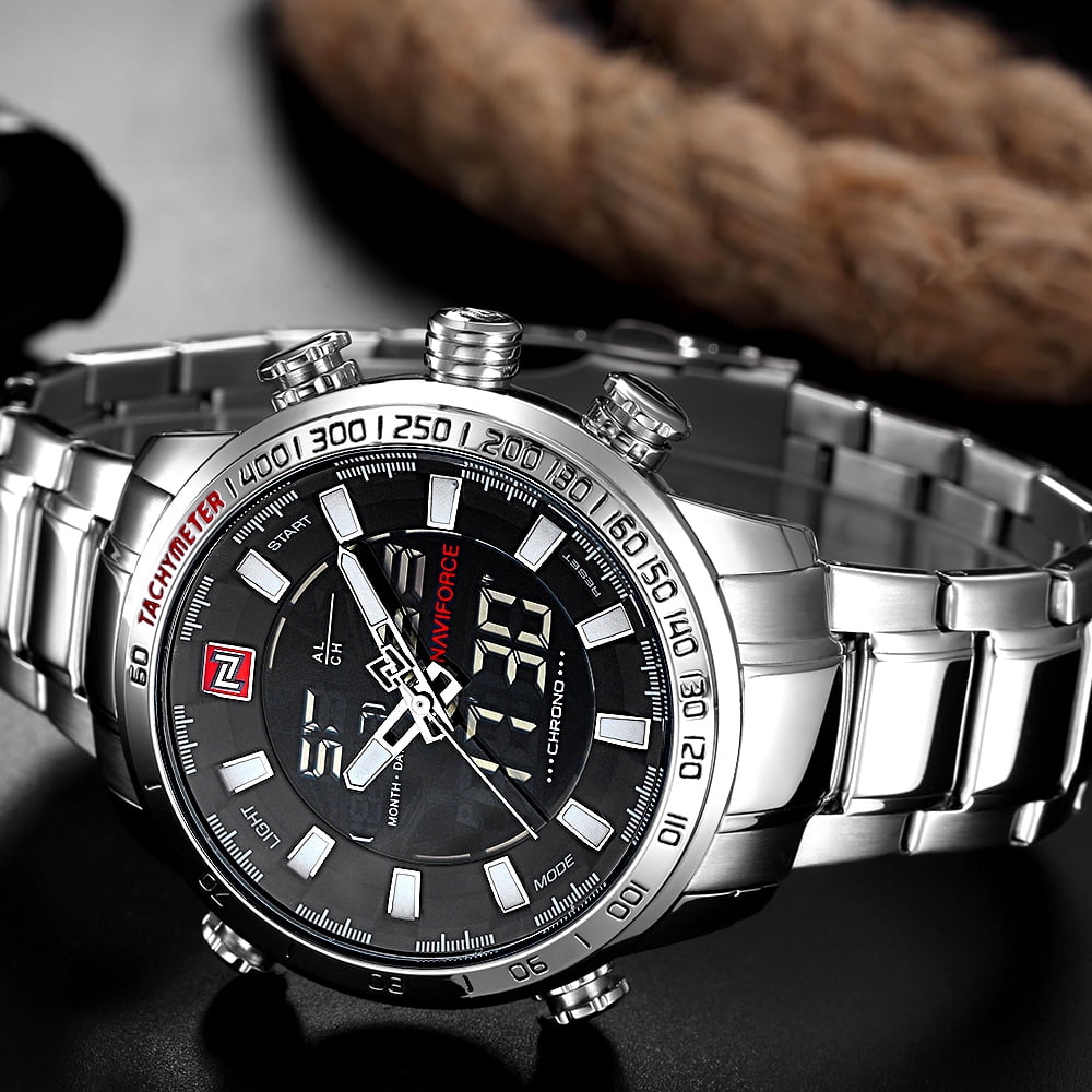 NAVIFORCE Luxury Dual Display Digital Quartz Men Watch Stainless Steel Luminous Sports Watch Chronograph Water-Proof Man Clock + Gift Box