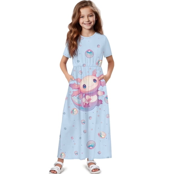 Uourmeti Adorable Axolotl Print Girls Maxi Dresses Short Sleeve Round Neck Flowy Holiday Long Dress with Pockets Cute A-Line Clothes, Size 7-8 Years