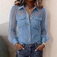 thumbnail image 2 of KLHDSF Denim Shirt Women Button Down Mesh Long Sleeve Jean Shirts Chambray Pearl Snap Shirt, Trendy Spliced Jean Tops, Chest Pockets, Daily Wear Light Blue L, 2 of 7