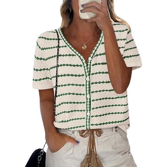 FreshPretty Women's Short Sleeve Sweater Spring Summer Crochet Knit Tops V Neck Striped Button Down Dressy Casual Blouses