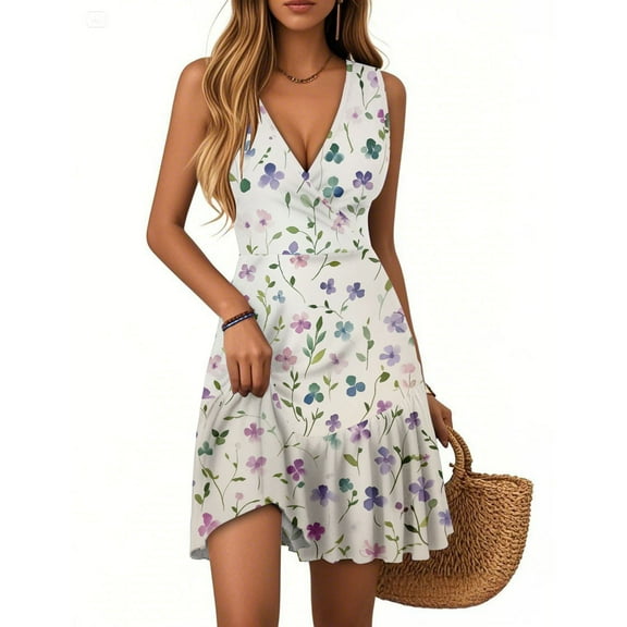 Women's Summer Dress Deep V-Neck Sleeveless Casual Floral Print Pleated Hem Dress A-Line Ruffle Swinging Mini Dress 2025 Trendy