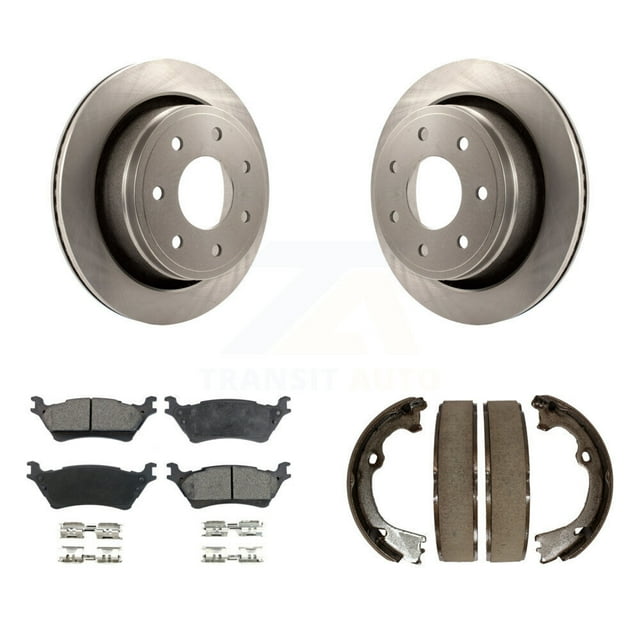 Transit Auto Rear Disc Rotors Semi-Metallic Pads and Parking Brake Shoes Kit for Car 2012-2014 Ford F-150 with 7 Lug Wheels K8F-104566