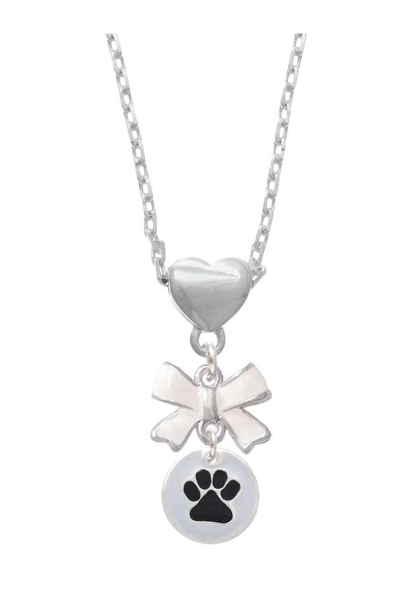 Silvertone Black Paw on White Disc White Bow Heart Necklace