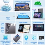 2K Vivid Tablet, Smooth HD 4K video 11 Android 14 Tablets, 18GB+128GB Octa Core Gaming Tablet, 3 Camera, Large 9000mAh, Hi-Res Stereo 4 Speakers, Split Screen, Face Recognition (Dark Gray)
