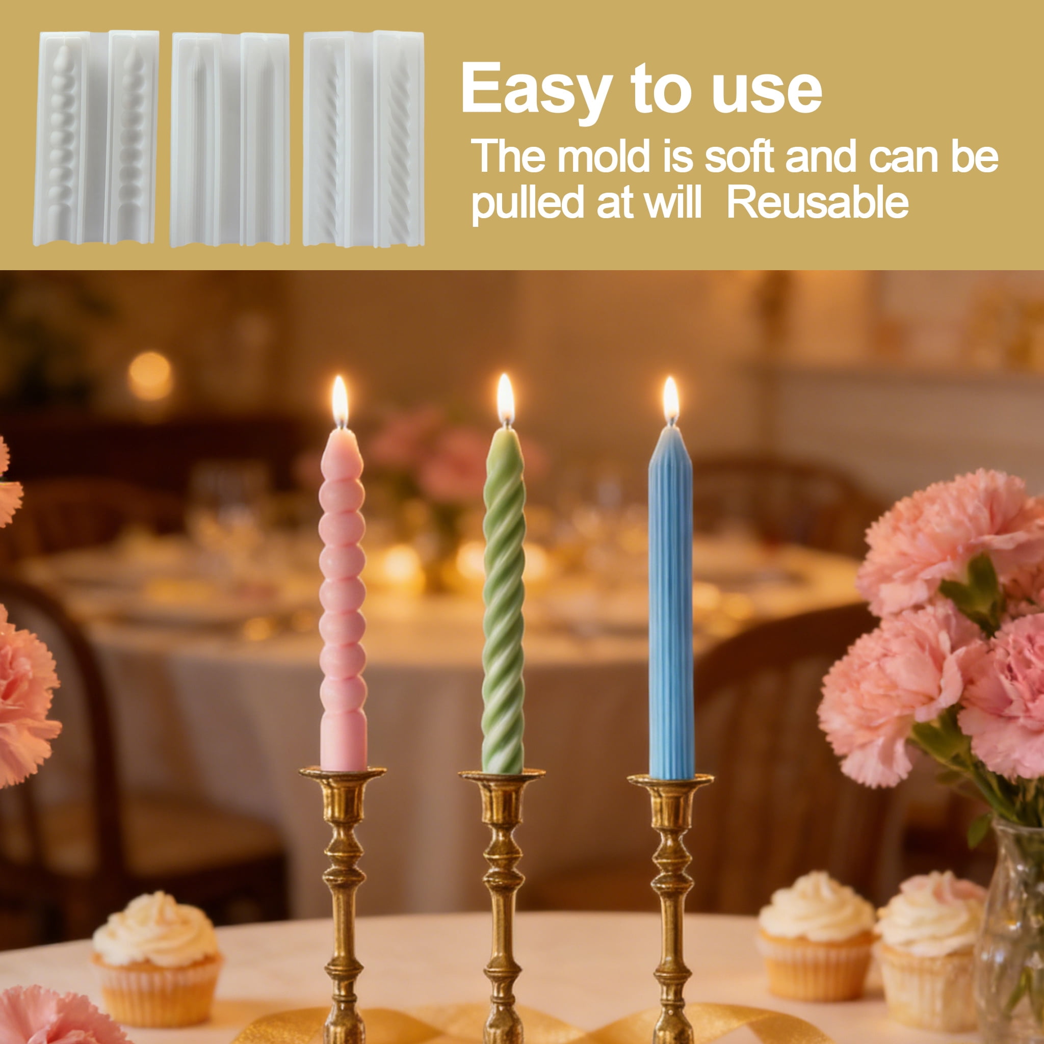 3PCS Long Twisted Silicone Candle Molds, 3D Pillar Candle Molds for Aromatherapy Candle Soap Wax Making, Unique Rod Resin Molds Silicone, DIY Epoxy Casting Clay Craft Candle Decoration Ornament Mold