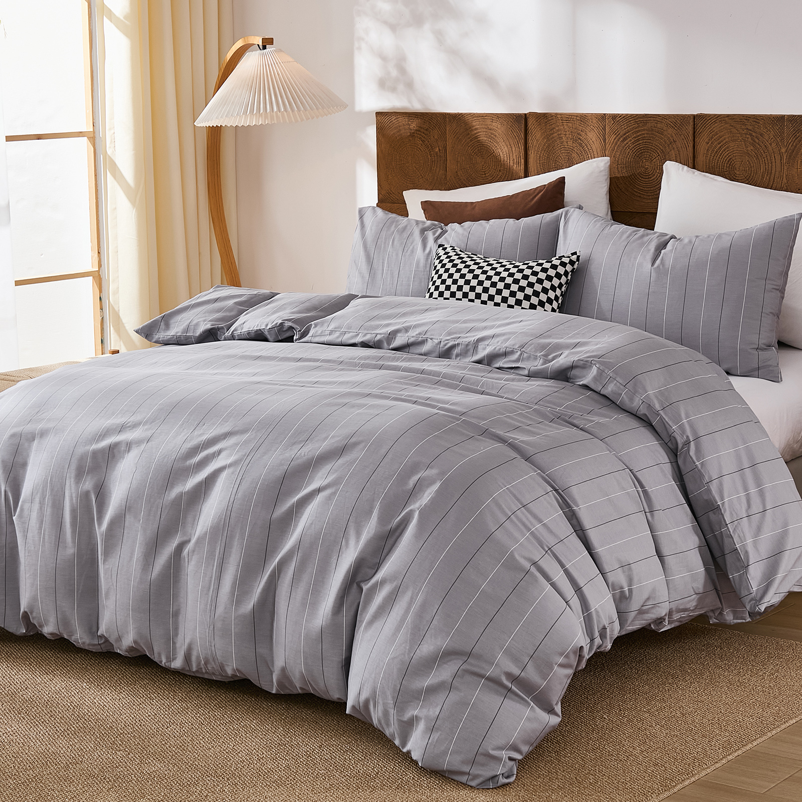 100% Cotton Stripe Duvet Cover Set Queen Size - Gray Striped Duvet Cover Set with Zipper Closure & 8 Corner Ties, Modern Minimalist Wide Stripe Bedding Set for Cozy Elegant Bedroom