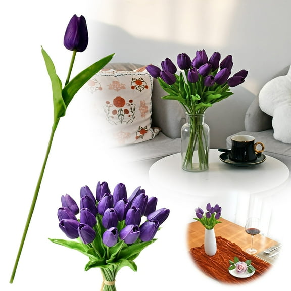 ZTTD 1Pcs Purple Artificial Tulips Flowers Fake Faux PU Tulip Bouquet Real Touch Flower Arrangement for Home Room Office Party Wedding Decoration Excellent Gift Idea for Mothers Day