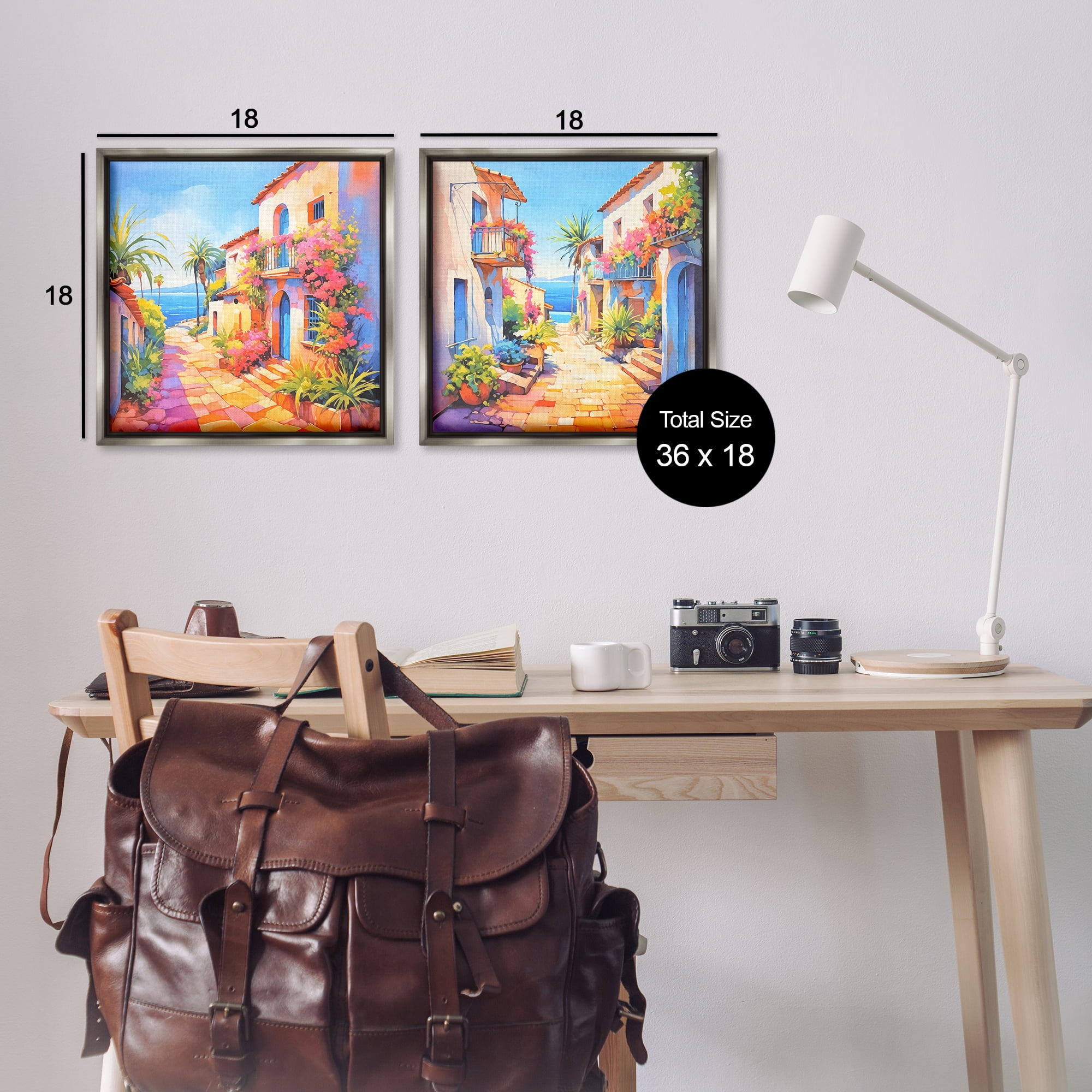 Stupell Industries Mediterranean Summer Island Vista Buildings & Architecture Painting Gray Floater Framed Canvas Art Print Wall Art, 18 x 18, Set of 2