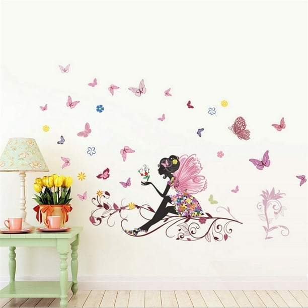 Nouvelle fleur fée fille papillon autocollant mural décalcomanie