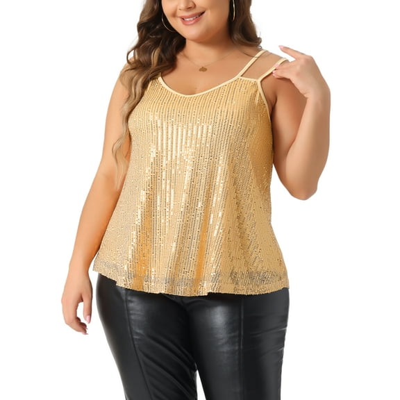 DARING DIVA Women's Plus Sequin Cami Tank Tops with Spaghetti Straps 1X Gold