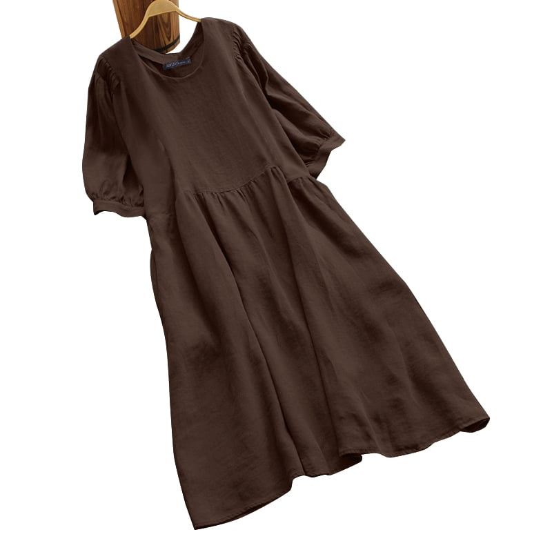 ZANZEA Women Crew Neck Half Sleeve Cotton Linen Kaftan Vintage Solid