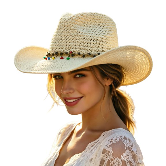 OOOUM Breathable Cowboy Hat For Men Women Western Style Beaded Band Straw Sun Hat Festival Outdoor Vacation Cowgirl Hat Beige