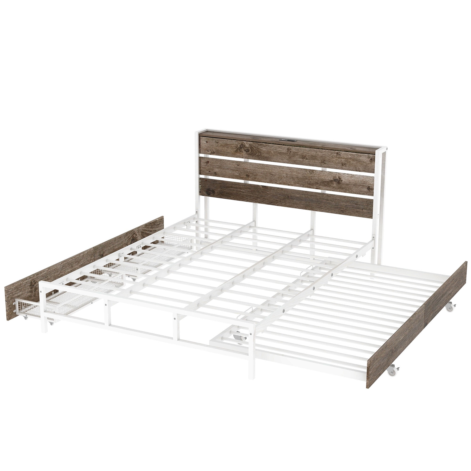 Euroco Wood Metal Queen Size Platform Bed with Functional Headboard, 4 Storage Drawers, Charging Station and USB Ports, White