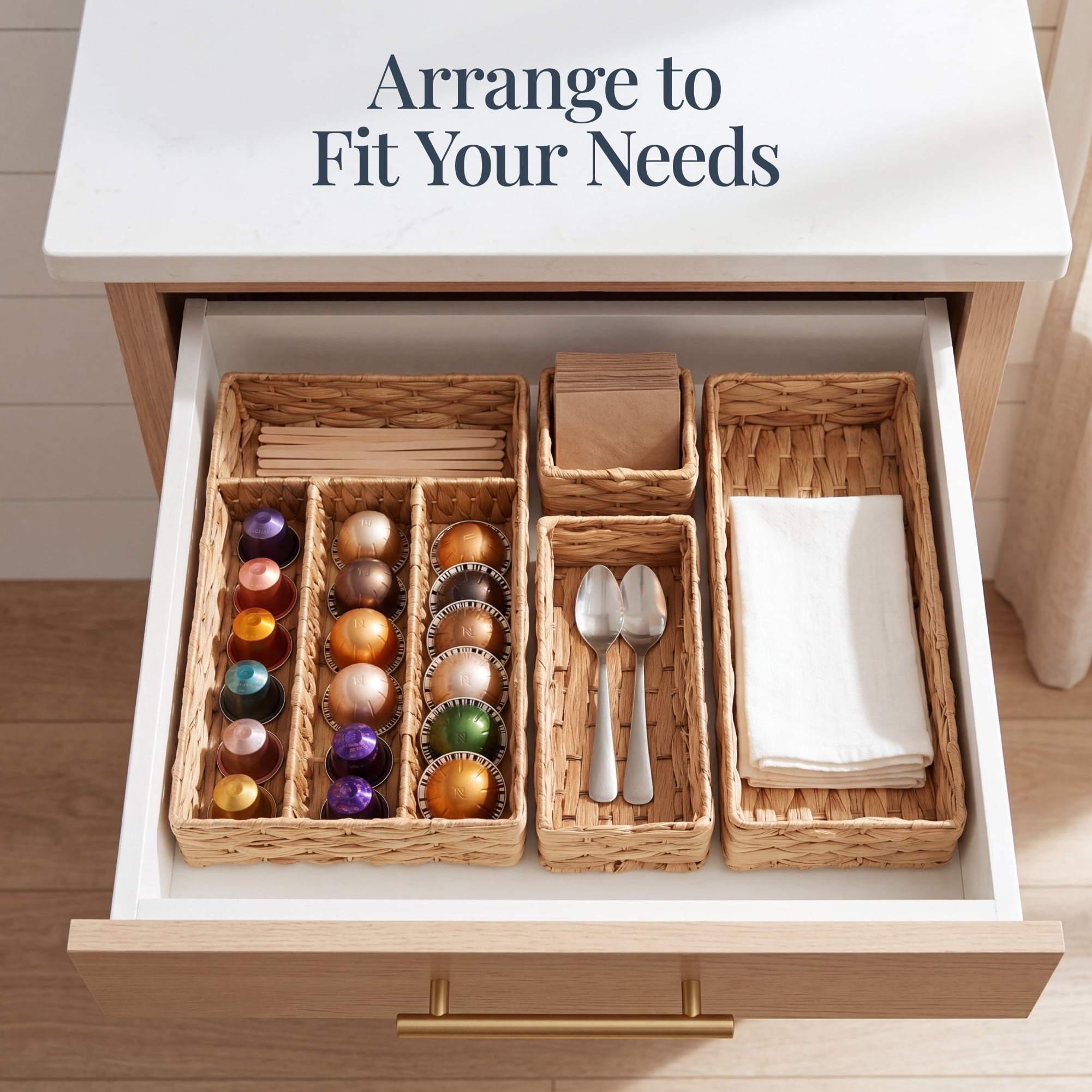 Best Choice Products 5PC Flatware Organizer Set, Woven Modular Silverware & Utensil Drawer Organizer Trays - Natural