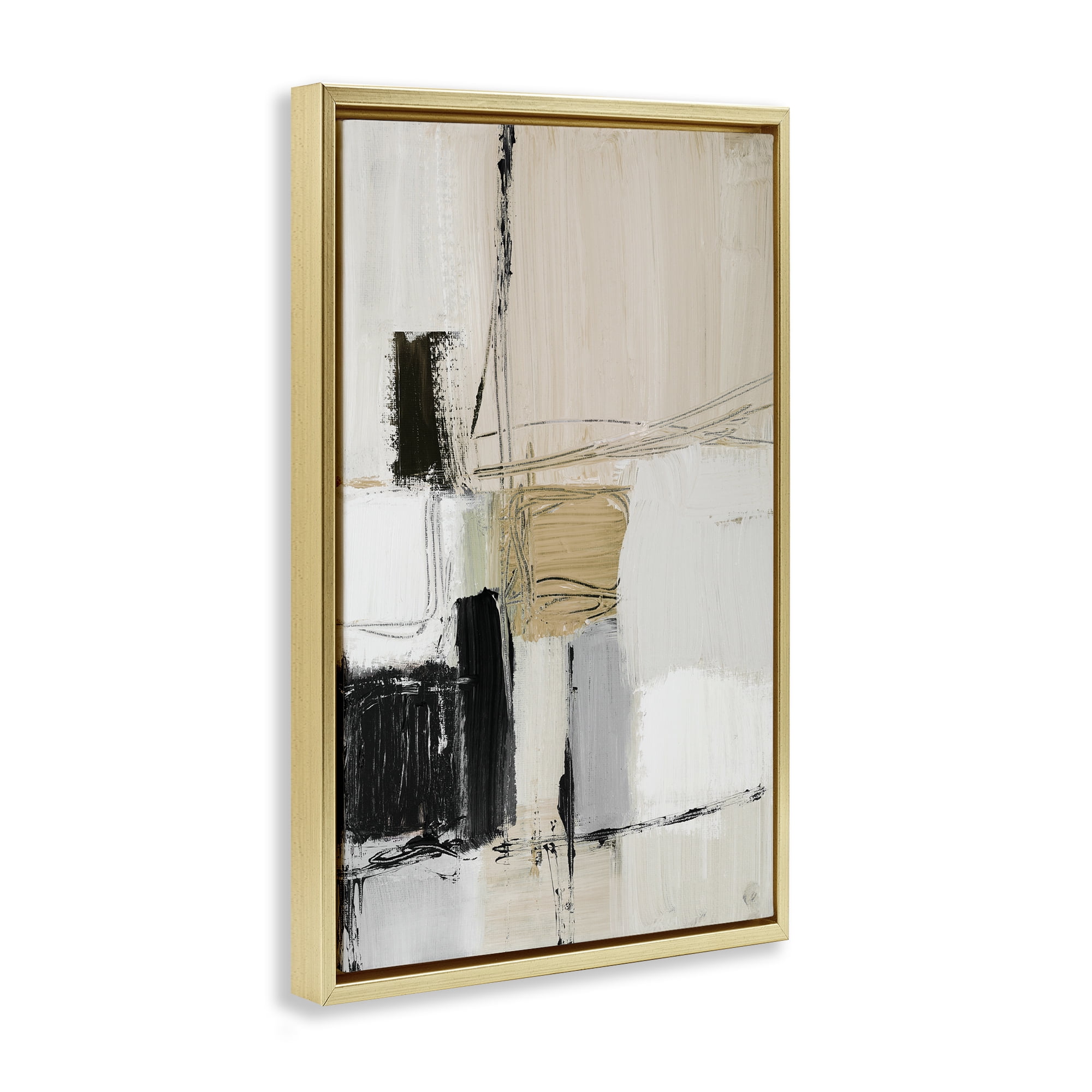 Stupell Industries Beige Organic Shapes Collage Abstract Painting Gold Floater Framed Canvas Art Print Wall Art, 21 x 31