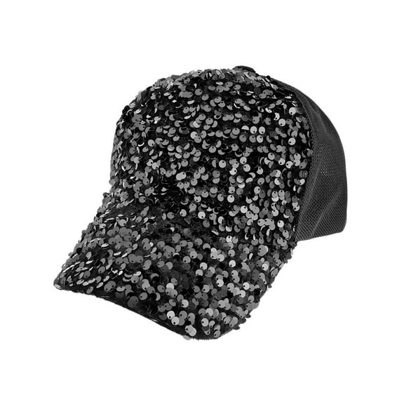 Top Headwear Sparkly Sequin Mesh Back Adjustable Baseball Cap - Black