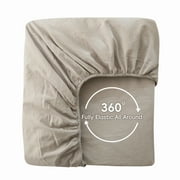 MooMee 100% Washed Cotton Queen Fitted Sheet Only Linen Like Textured Extra-Deep Pocket Breathable Soft 1-Piece(Tannish Linen Grey, 60x80)