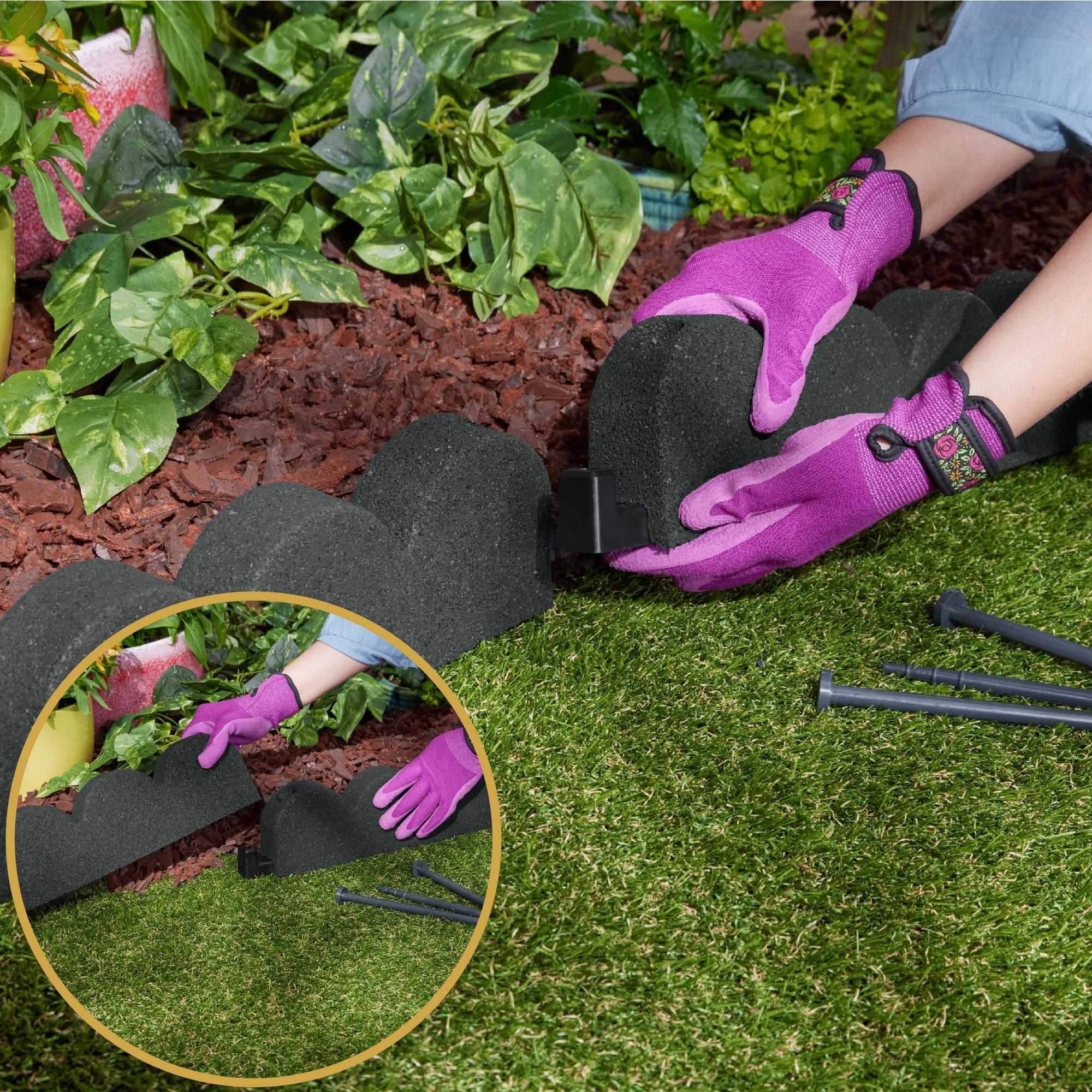 GroundSmart SmartLoc Scallop Landscape Edging, 4' Gray Rubber Garden Edging Border, 36 pack