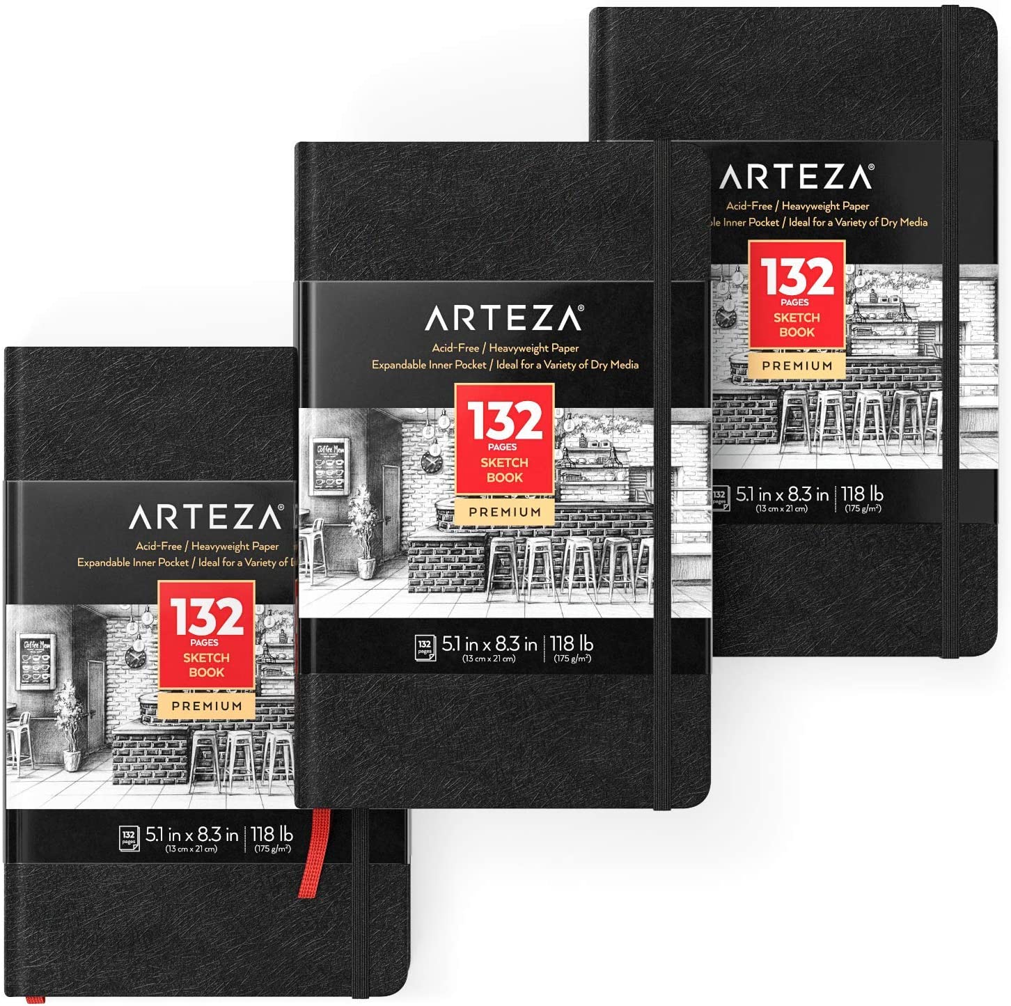 Arteza Black Sketchbook, 5.1"x8.3", 132 Pages of Paper 2 Pack (ARTZ