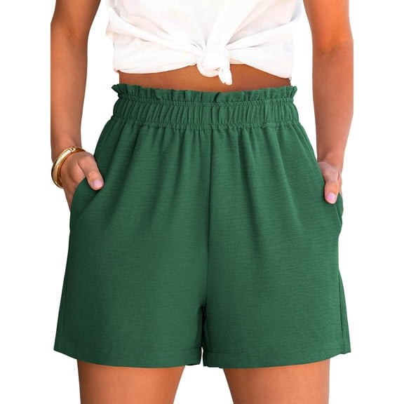 HKYNLAG Shorts for Women Dressy Casual Elastic High Waisted Ruffle Comfy Lightweight Summer Shorts for Beach Vacation Dark Green 2XL