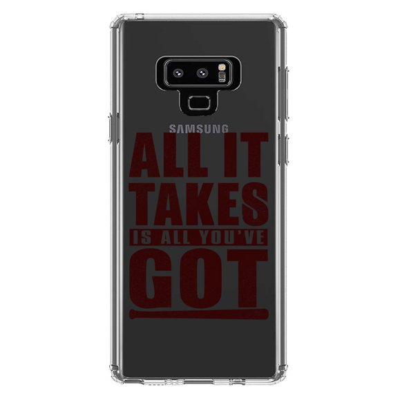 DistinctInk Clear Shockproof Hybrid Case for Samsung Galaxy Note 9 - TPU Bumper Acrylic Back Tempered Glass Screen Protector - All It Takes Is All You've Got Baseball