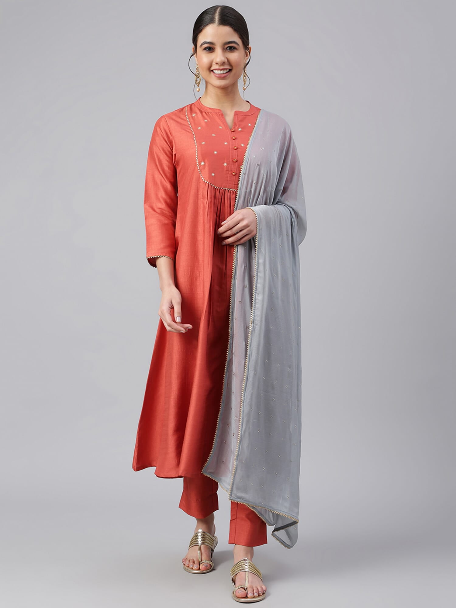 Women Dola Jacquard Grey Woven Kurta Comfort Pant Dupatta
