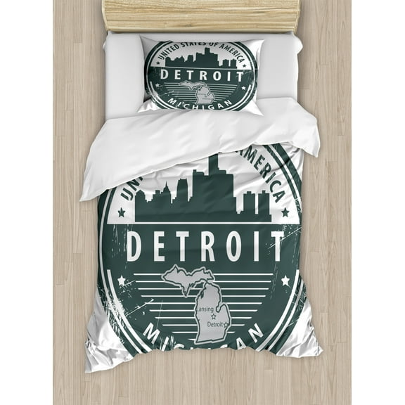 Detroit Duvet Cover Set, Damaged Old Stamp of Michigan USA with City Map Location Tourism Travel, Decorative 2 Piece Bedding Set with 1 Pillow Shams, Twin Size, Black White Grey, by Ambesonne