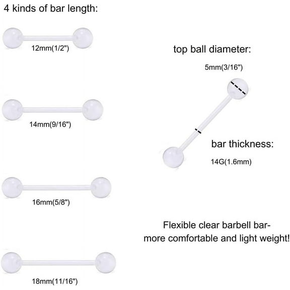 GHRTGR-Plastic Nipple Rings Tongue Piercing Retainer Barbell 14g for Women Surgery 12/14/16/18mm