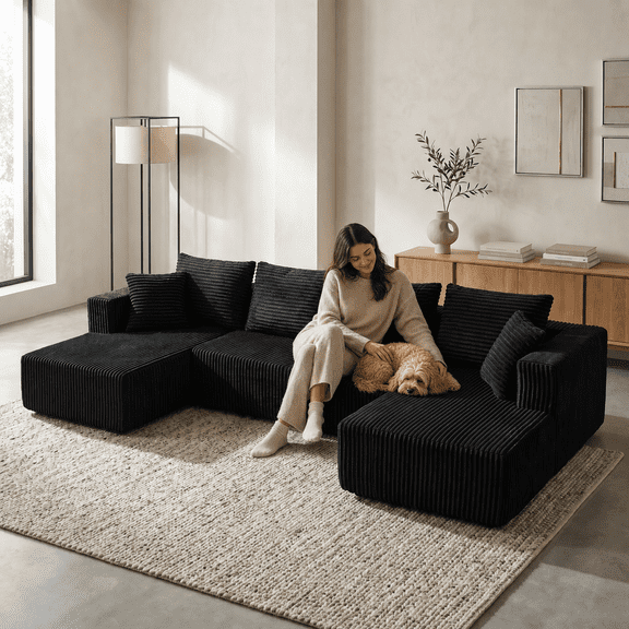 132.1 Inch Modular Sectional Sofa, U-Shaped Corduroy Sofa Couch with Double Chaise, Oversized Deep Seat Cloud Couch for Living Room, Apartment, Black