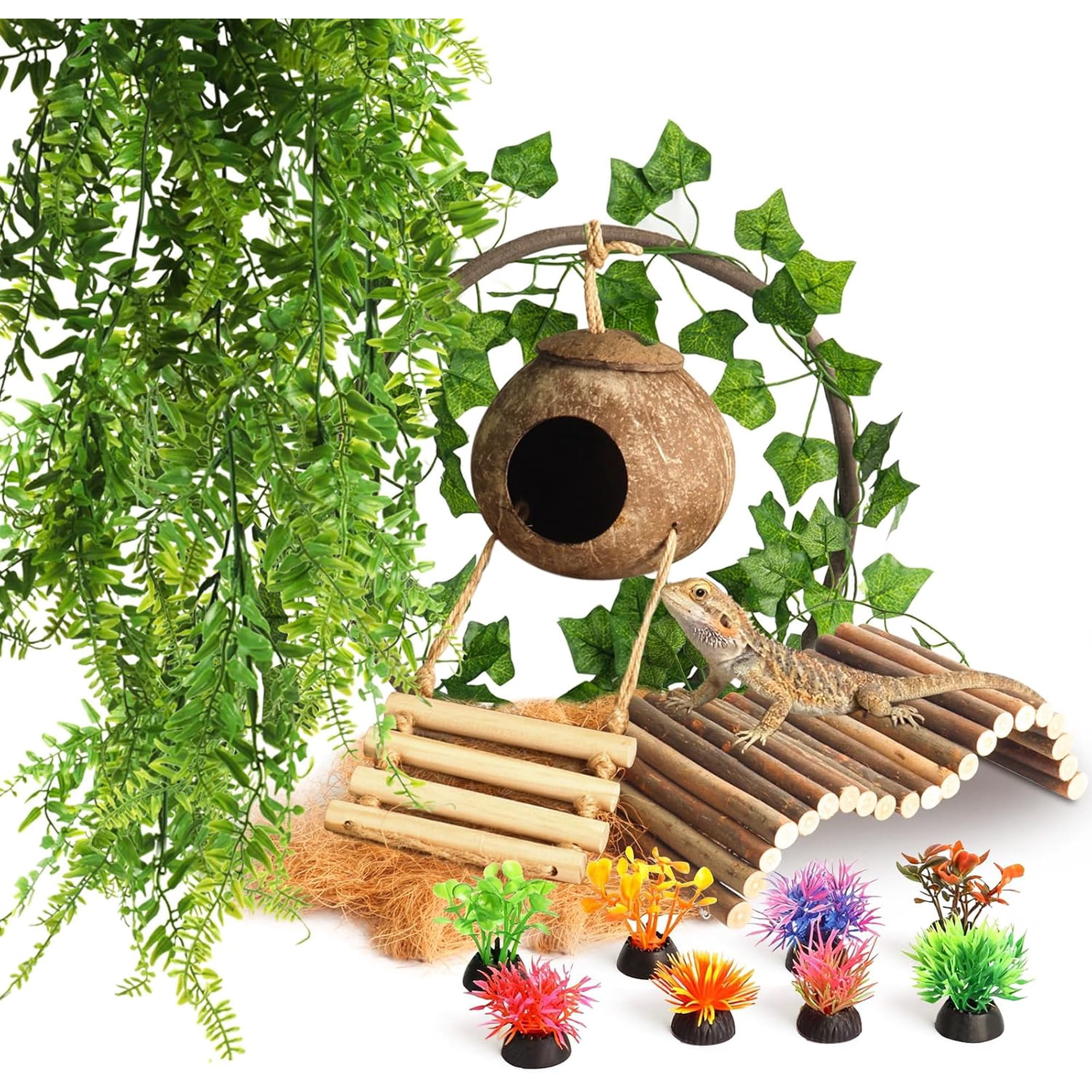 14Pcs Reptile Plants Bridge Vines Leopard Gecko Coconut Hut Crested Gecko Tank Accessories Lizard Coco Den with Ladder for Lizard, Chameleon Cage, Snakes, Hermit Crab