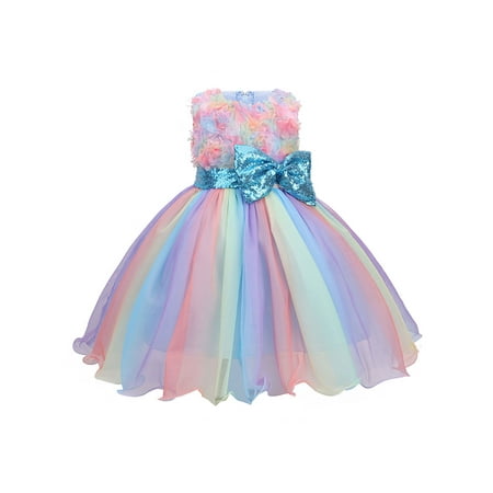

Toddler Baby Kid Girls Princess Tulle Dress Sleeveless Flower Sequined Bowknot Rainbow Pageant Party Tutu Outfits