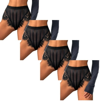 

Womens Underwear Brief Lace Patchwork Lingerie Comfort High Waist Intimates Fashion Striped Mesh Female Cotton Panties4PC