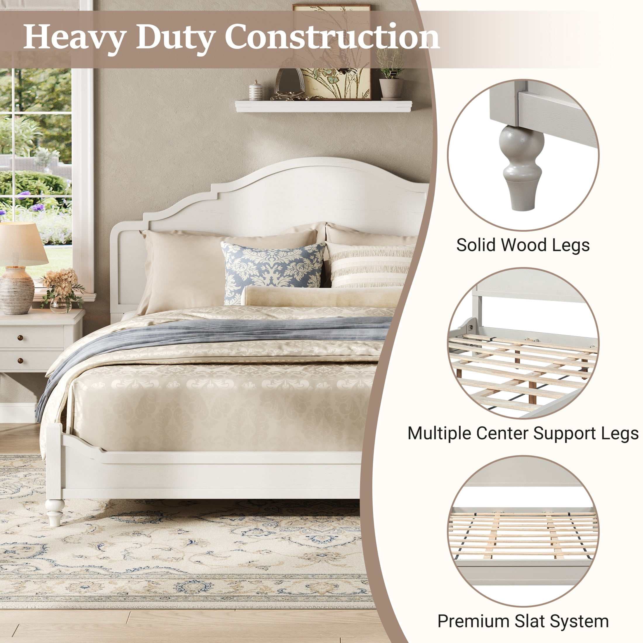 Christopher Knight Home Farmhouse King Wood Platform Bed with Curved Headboard, Turned Legs, White