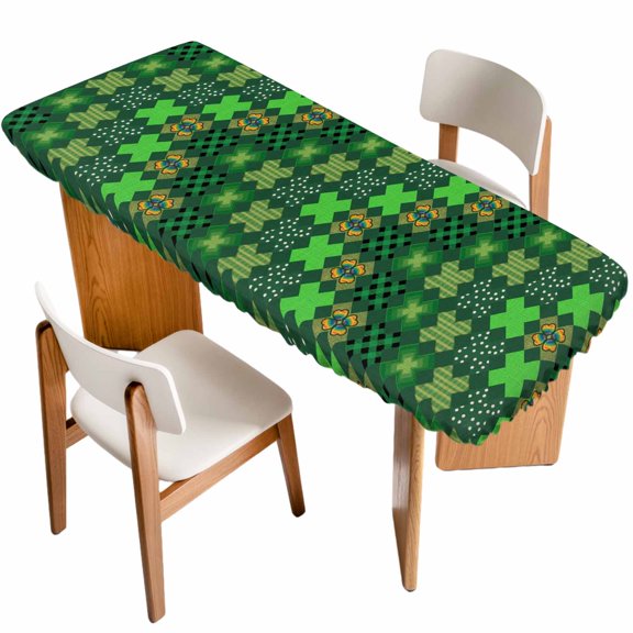 Saint Patrick's Day Table Cloths for 8 Foot Rectangle Tables, Country Green Plaid Shamrock Clovers Patio Waterproof Elastic Fitted Tablecloths, Washable Rectangular Table Cover for Camping
