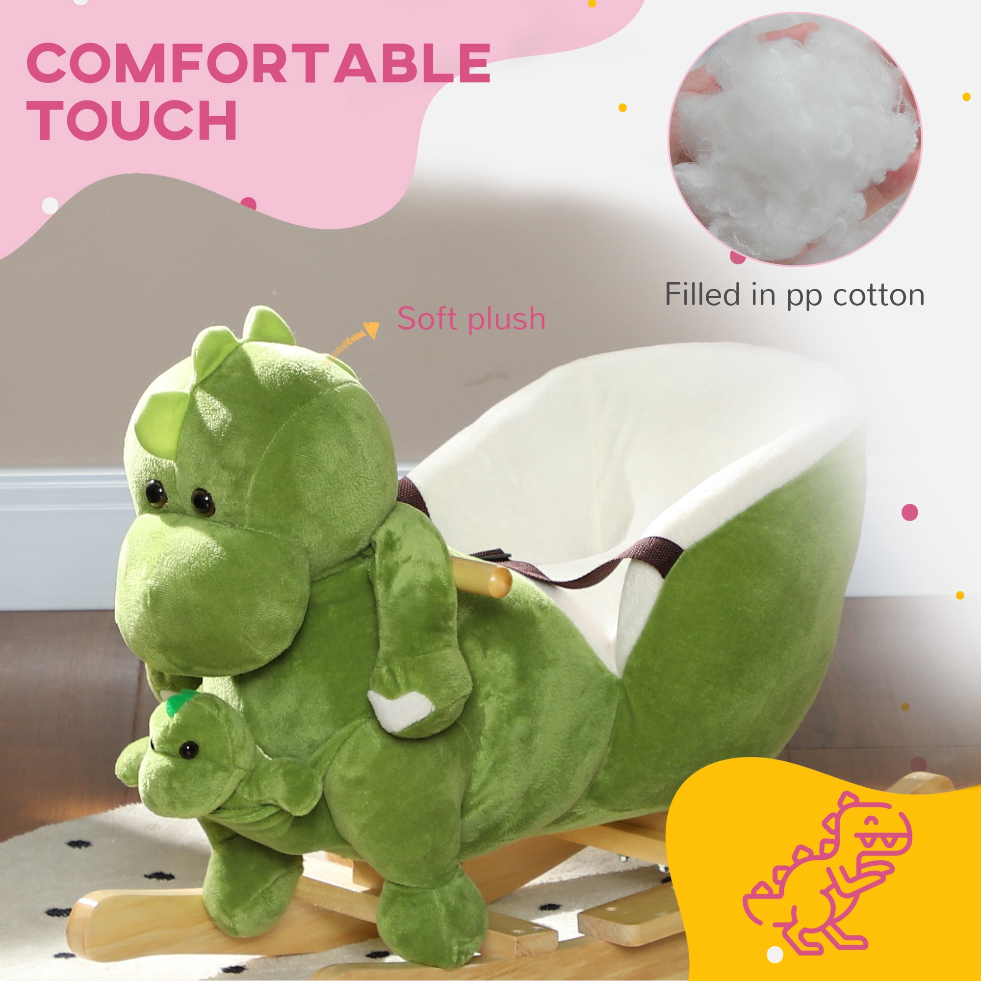 Qaba Baby Rocking Horse, Toddler Plush Dinosaur Animal Rocker with Seat Belt, 32 Songs, Hand Puppet, Rocking Chair for 18-36 Months, Green