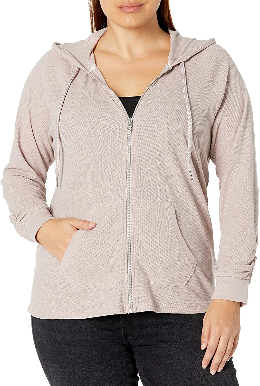 beige ruched sleeve hoodie