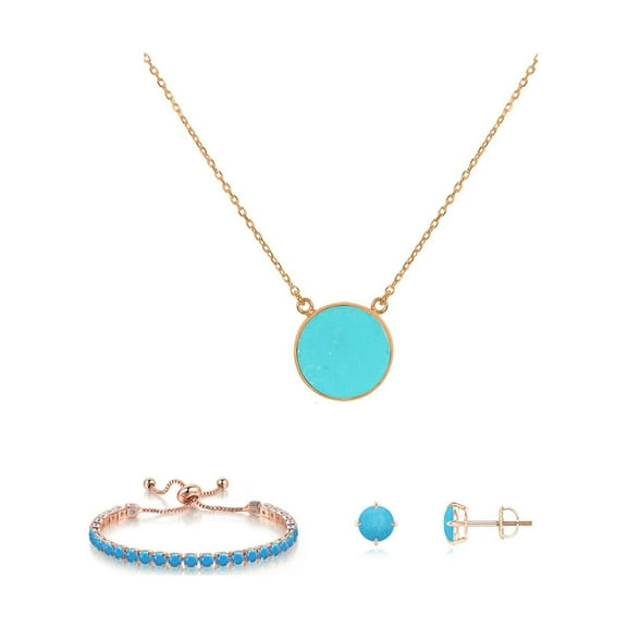 Paris Jewelry 10k Rose Gold 6 Ct Round Created Turquoise Set of Necklace, Earrings and Bracelet Plated