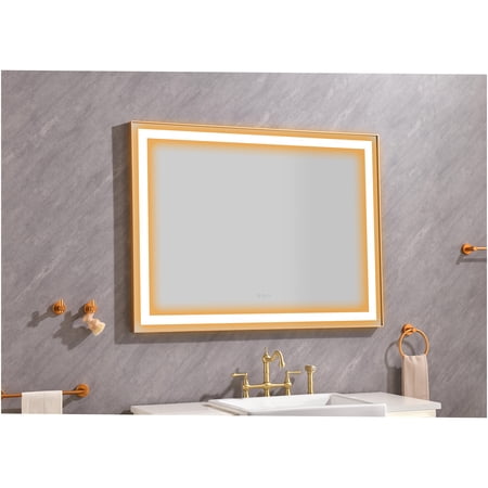 JERFIT Gold LED Bathroom Mirror with Lights Anti-Fog Touch Control 3 Color Temperatures Wall Mounted Aluminum Makeup Mirror