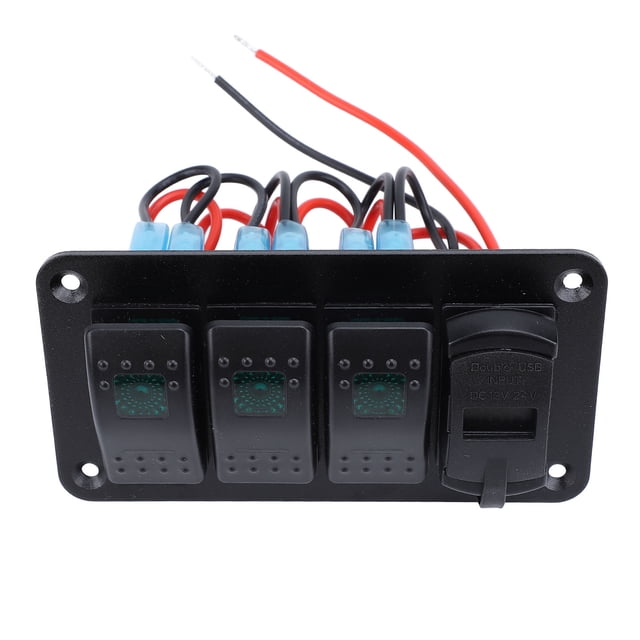 3 Gang Rocker Switch Aluminum Panel for 12V 24V Boat Car Truck Multifuntional Switch Panel with Voltmeter Dual USB Fast Charging Toggle Switch Control Panel