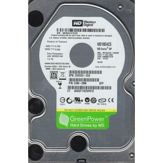 WD10EACS-65D6B0, DCM HBNNNT2CFB, Western Digital 1TB SATA 3.5 Hard Drive
