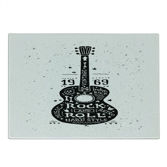Guitar Cutting Board, Hand Drawn Style Instrument with Grunge Look and Retro Design Rock and Roll Theme, Decorative Tempered Glass Cutting and Serving Board, in 3 Sizes, by Ambesonne