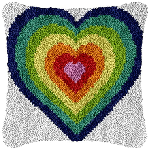 Rainbow Heart-Shape Latch Hook Kits Pillow Printed Canvas DIY Handmade Cushion Crochet Yarn Needlework Hook Latch Kit Embroidery Pillowcase Rug Cover Christmas Home Sofa Decoration 43x43cm