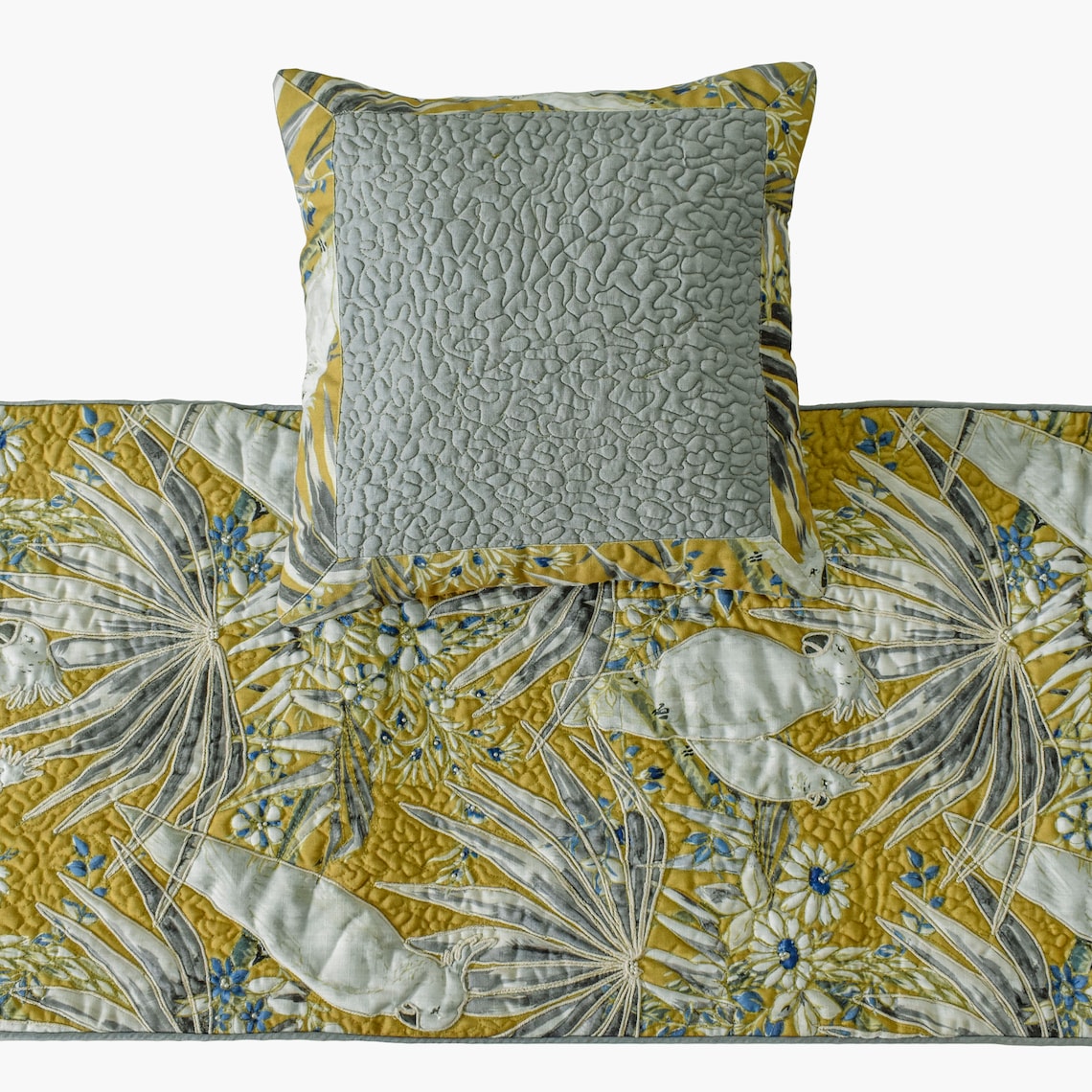 King / Queen / Twin Grey & Yellow Decorative CA King 86"x18" Bed Runner With Pillow Cover, Cockatoo Bird & Quilted Bed Scarf on Cotton fabric - Cockatoo Love