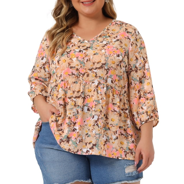 Blusas de mujer de talla grande Agnes Orinda, tops tipo babydoll con escote en V, mangas de linterna 3/4, camisetas florales, blusas peplum 3X en rosa oscuro