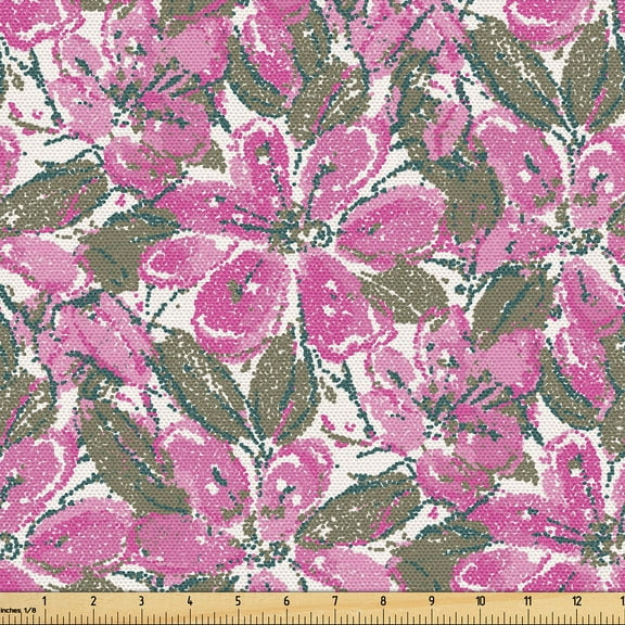 Ambesonne Floral Fabric by the Yard Upholstery, Dots Flowers Leaves Nature, 1 Yard, Pink and Pale Almond Green