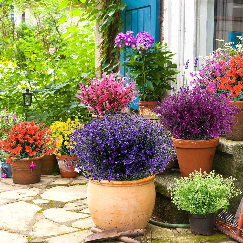 ZOELNIC Artificial Shrubs Bushes 8 Pack Fake Outdoor UV Resistant Plants Flowers, Faux Plastic Bell Leaves Greenery for Indoor Outside Hanging Planter Home Office Wedding Farmhouse Decor