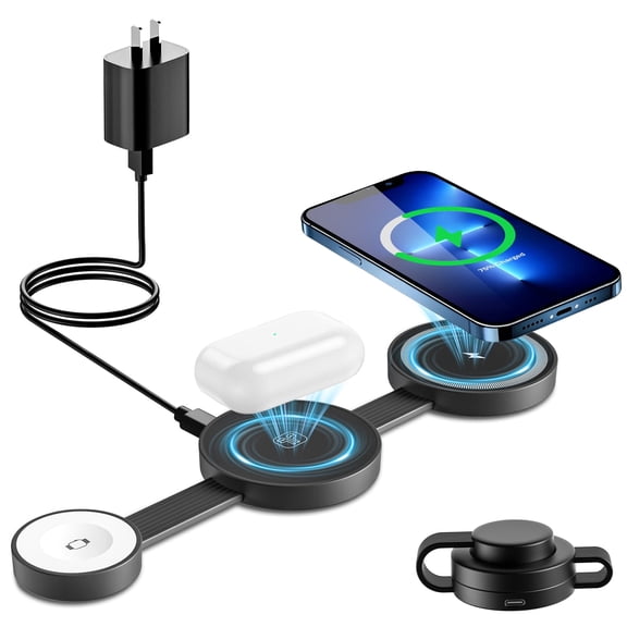 Wireless Charger Fodable 3 in 1 Charging Station Dock Compatible with iPhone17 16 15 14Pro Max, Andorid, Wireless Charger Pad for Multiple Devices Compatible for Apple Watch & AirPods, Black