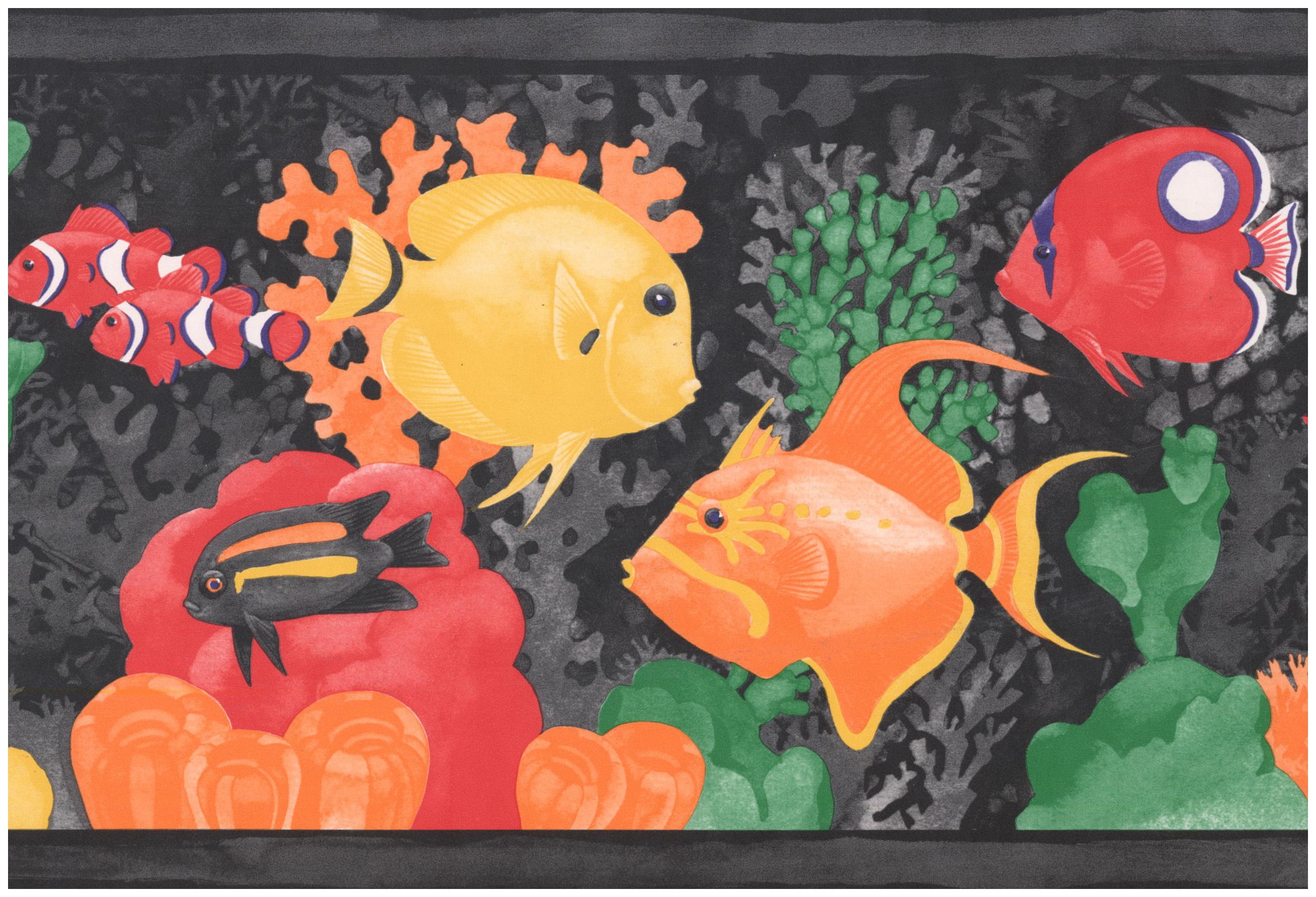 Wallpaper Border Cartoon Colorful Fish Black Wall Border Retro Design, Prepasted Roll 15 ft X