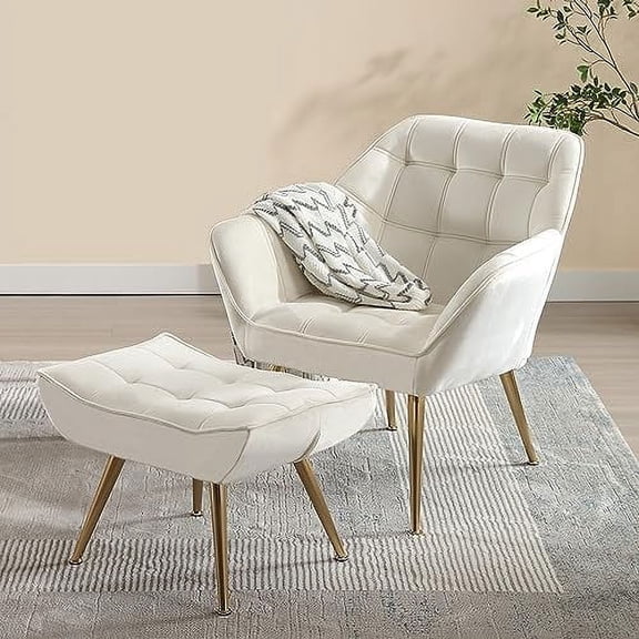 Velvet Accent Chair with Ottoman, Modern Upholstered Reading Chair with Ottoman Comfy Lounge Armchair with Gold Metal Legs for Small Spaces Living Room Bedroom Book Nook, Off White$$Furniture